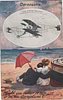 Image 3 - inset THE CURTISS BIPLANE SHOWING FORWARD AND REAR DRIVING PLANES couple sit close on sands next to a row boat, she wears a white dress, has red parasol, they look out to sea