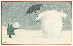 snowman right, holding umbrella, has lost his head, boy in green left holds it