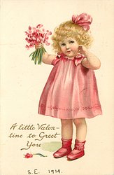 A LITTLE VALENTINE TO GREET YOU girl in pink dress carries pink sweet-peas