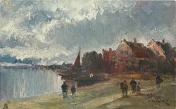 river left, six people in foreground, two boats beached behind one with sail, very distant village behind right
