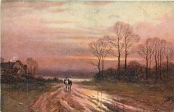 distant man on horseback with another horse, sunset scene, house with chimney smoke on left