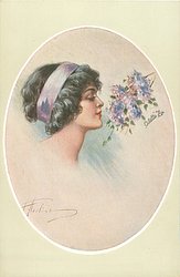 insert of pretty black haired girl, with lilac head band, looking right at blossom