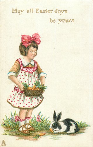 MAY ALL EASTER JOYS BE YOURS girl with basket of carrots for rabbit ...