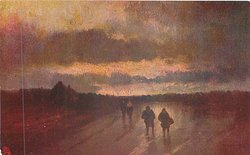 four people in foreground, village back left, dark card, prominent clouds