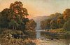 Image 1 - stream with distant cows grazing on right bank, fisherman on left bank, sun setting left center