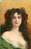 Image 1 - head & shoulder study, red roses on either side of head, green dress, much cleavage, faces slightly right, looks up & left (Marian in English set)