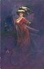 Image 1 - VINO DI CHINA FERRUGINOSO SERRAVALLO elegantly dressed woman with flowing skirt, elaborate hat with ostrich feather, stands by dressing table with mirror, hands behind her back,facing left, looking front, purple background