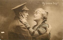 soldier in uniform to left embraces mother to right, her left hand on his cheek, his right hand on her shoulder