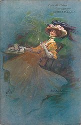 VINO DI CHINA FERRUGINOSO SERRAVALLO elegantly dressed woman with flowing skirt, elaborate hat with ostrich feather, sits by table with tea tray, tilts chair back, smoking cigarette, faces feft looks front, grey background