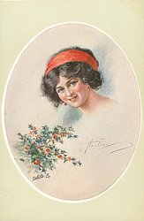 insert of pretty black haired girl, with red head band, looking front, holly lower left