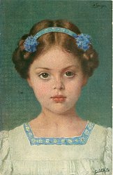 head & shoulder study, girl with hair up under blue headband with cornflowers, wears white dress with blue trim, faces & looks front