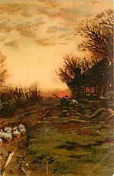 ducks left, two people in front of house with chimney and two lighted windows