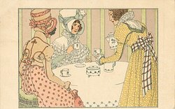 two bonnetted ladies take tea at table, third stands and pours