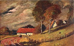 two trees, cottages, road and fencing