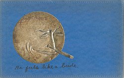 silver inset man in the moon smoking, blue background