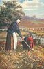Image 1 - woman holding hoe, child bending in field to help, stream behind