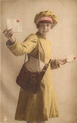 uniformed postlady delivering letters, faces right, looks forward, holds up letter in her right hand, others in her left hand