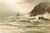 Image 1 - seascape, sailboat in storm approaches large rock two gulls centre front