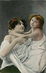 mother has arm in front of girl, both look to their left