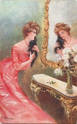 cat & pretty lady look at their reflection in mirror