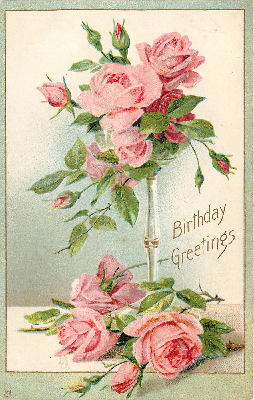 BIRTHDAY GREETINGS pink roses - TuckDB Postcards