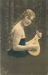 pretty girl with long hair in off shoulder dress faces right with mandolin held before her, looks front, braid down her back